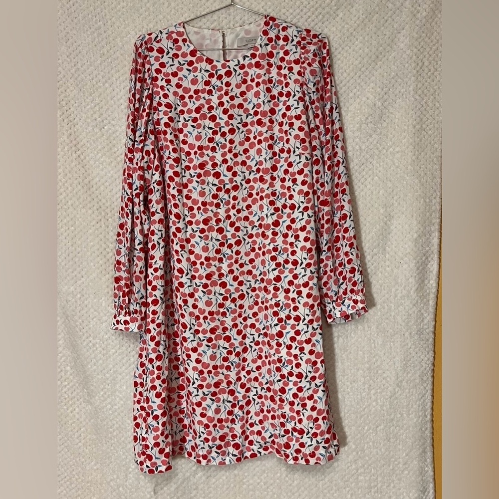 LOFT Womens Cherry Print Long Sleeve Dress Comfort White Pink Red Sz Large